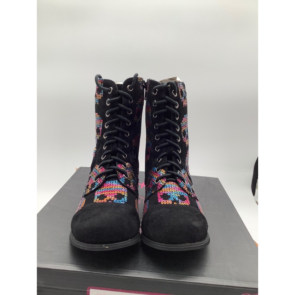 Iron Fist Sugar Hiccup Combat Boots Black Sequin Skull Lace Up Side Zip Womens 6